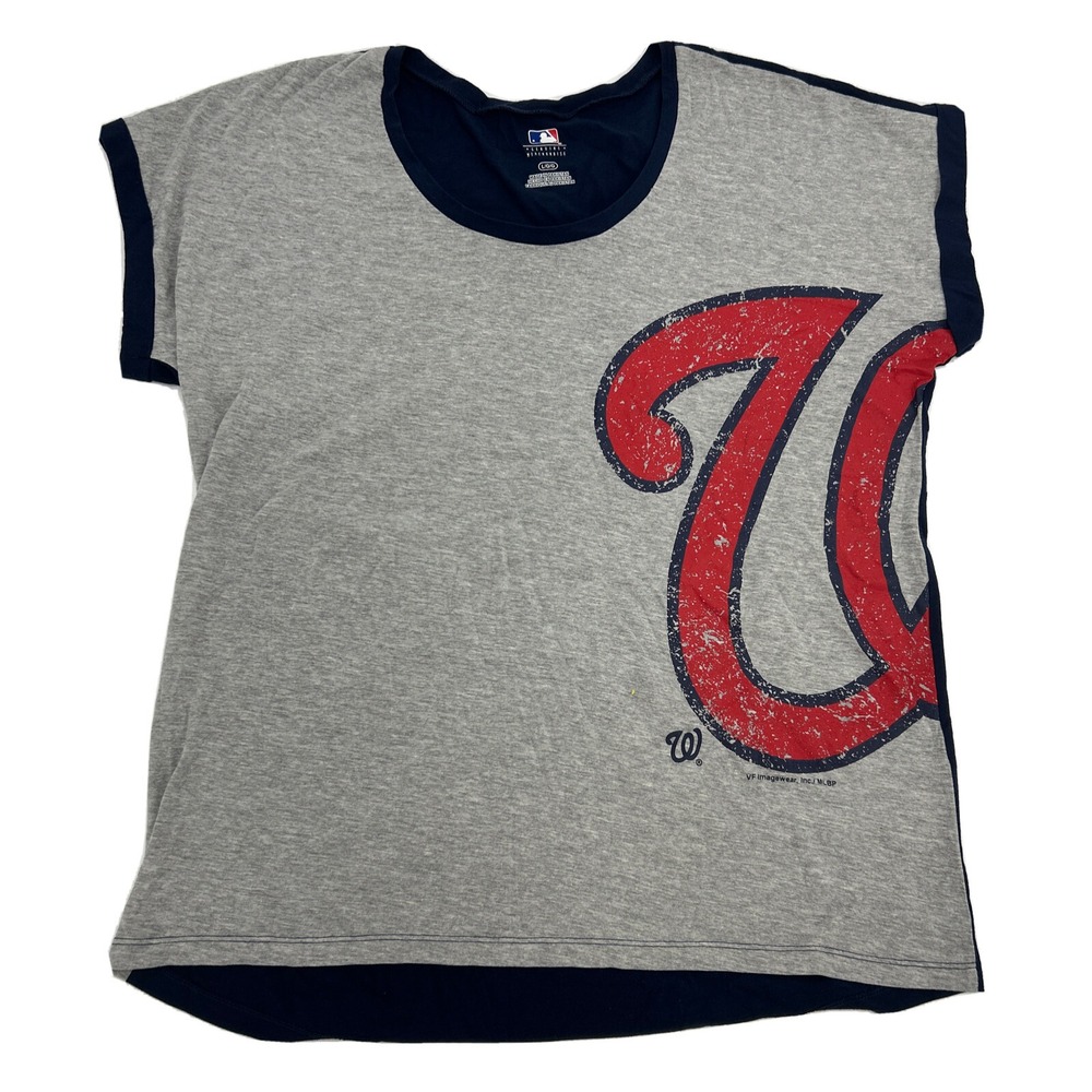 Washington Nationals T-Shirt Women Large Gray Navy Distressed Graphic MLB NEW
